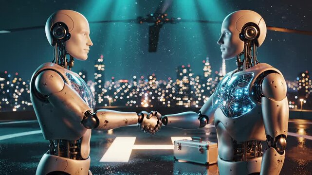 Robots shake hands over briefcase making technology deal. Two android robots negotiate agreement with handshake. Future robots with AI technology shake hands. City lights behind robot deal.