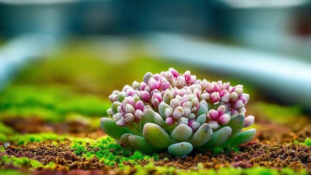 Summer growth detail featuring blooming sedum on surgical center green roof focused succulents contrasted with softly blurred adjacent rooftop areas.
