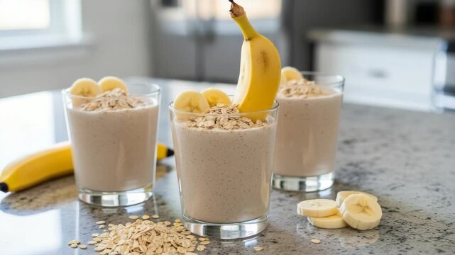 Healthy smoothie glasses with banana and oats