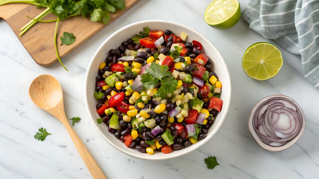 Overhead view of fresh black bean and corn salad with lime and cilantro