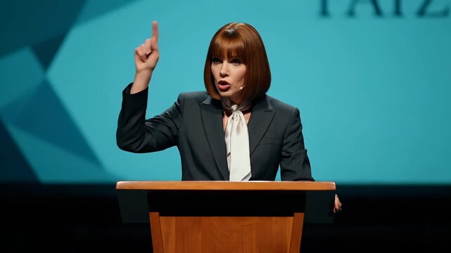 woman speaker stands behind podium on stage. presentation on screen with backdrop and lectern in foreground. blazer and scarf worn during address. speech delivery and gesture captured. message logged.