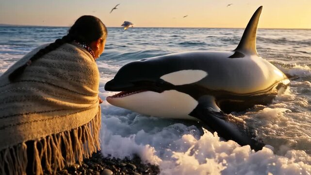 A person interacting with an orca near the ocean as the sun sets, surrounded by gentle waves and seagulls in flight
