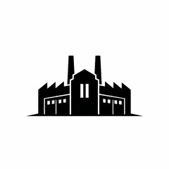 Obraz premium Industrial factory building silhouette with smokestacks and sawtooth roofline.