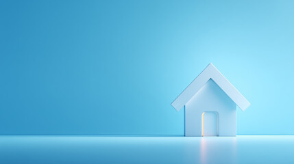 Minimalist 3D illustration of a white house with a glowing entrance on a blue background. A symbol of affordable housing, the beginning of a new life, simplicity and clean design in real estate.