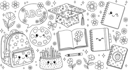 Cute back to school doodle set with backpack, books, stationery, graduation cap, and flowers in black and white coloring page vector style © MdNazmul