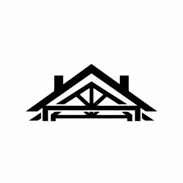 Minimalist black and white house roof truss structure logo design.