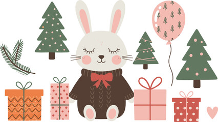 Naklejka premium Cute Christmas bunny with gifts, balloons, and pine trees in pastel kawaii style, festive winter illustration for kids and vector designs