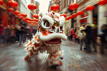 Lion dance performing during lunar new year street festival