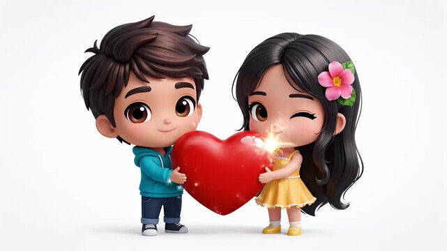 Cartoon Couple Holding a Heart - A charming cartoon video features a boy and girl, styled as cute chibi characters, happily holding a large red heart between them.