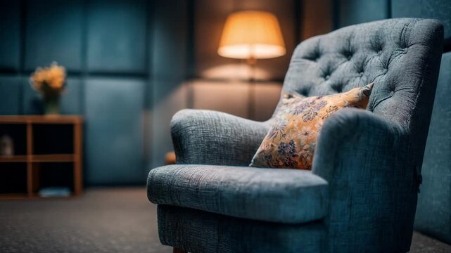 Medium shot of a cozy behavioral health counseling room with soft lighting highlighting a comfortable chair against blurred soundproof walls.