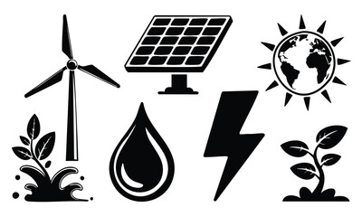 Fototapeta premium Set bundle earth day silhouette energy icons: wind, solar, water, power