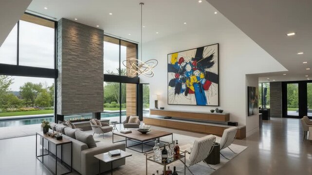 Luxurious modern interior with abstract art and architectural details