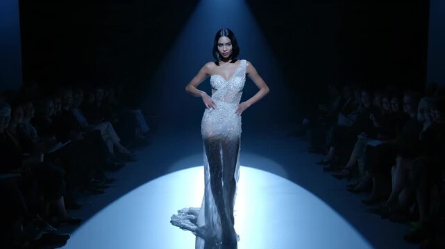 model walks runway in sheer dress and sculpted gown. catwalk under spotlight on circular stage. audience lines aisleways. fashion and couture detail present in silhouette and tailoring on runway.