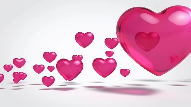Floating Pink Hearts - A group of shiny, pink, heart-shaped objects appear to float in the air on a white background. Shadows are visible under the hearts.