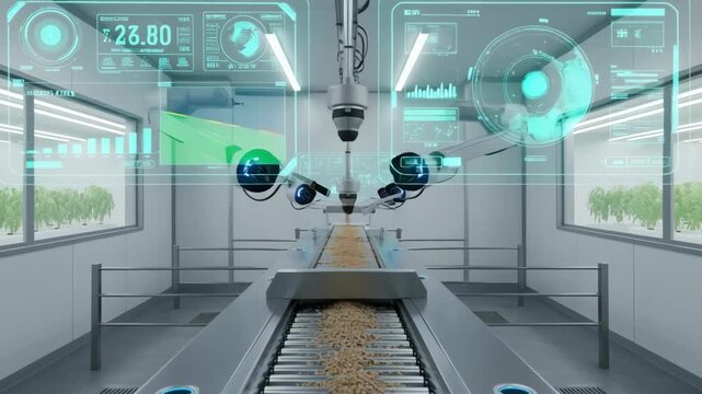 Medium shot of a conveyorbelt system integrated with realtime monitoring to adjust feed quantity based on animal activity in a hightech farm environment.