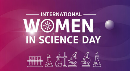 International women in science day poster with beakers and test tubes on purple background