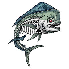 Mahi mahi dorado fish skeleton illustration with angry face and sharp teeth for sport fishing mascot