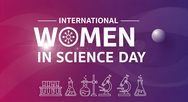 International women in science day poster with beakers and test tubes on purple background