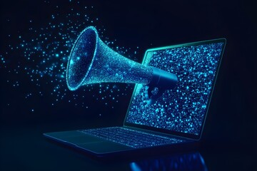 Blue Megaphone Emitting Particles From Laptop Screen