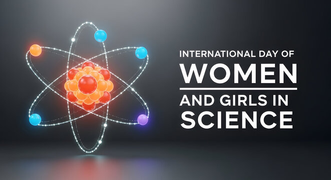 International day of women and girls in science poster with atom symbol