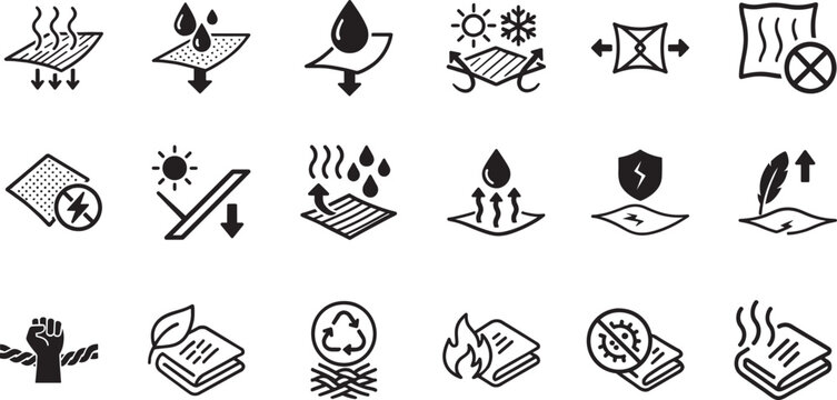 Fabric properties and material technology line icon set showing textile features for fashion and industry