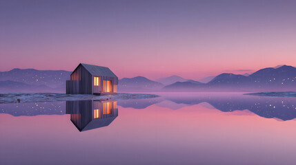 Lone cabin by serene lake at dusk