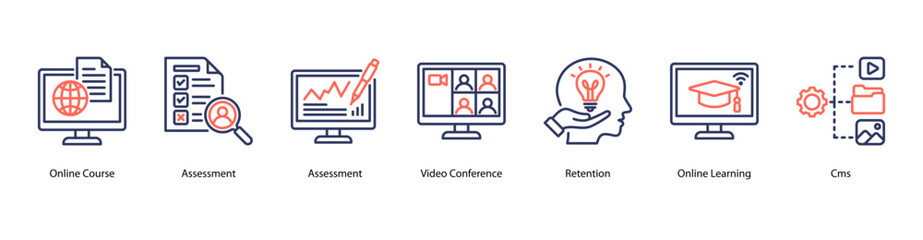 Virtual Learning Environment web banner icon vector illustration featuring Online Course, Assessment, Assessment, Video Conference, Retention, Online Learning, and CMS.