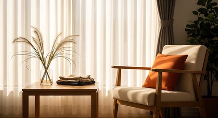 Sunlit modern living room with chair and vase