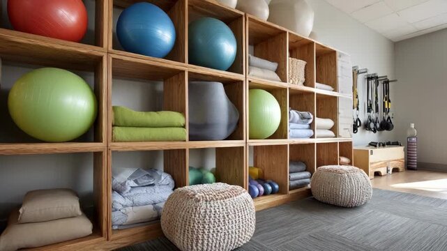 Medium shot showcasing open wooden cubbies packed with soft therapy cushions and exercise balls focus on smooth cushions with racks faintly visible behind.