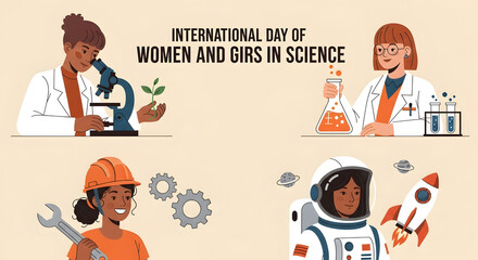 International day of women and girls in science illustration with diverse scientists on beige background