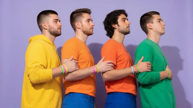Group of young men standing in line together in colorful clothing
