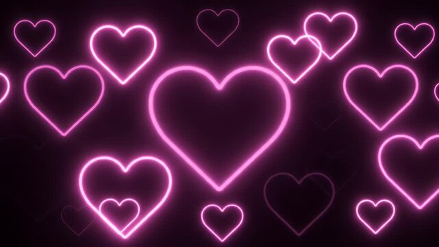 Neon Pink Hearts Background - This video features a black background with a variety of pink neon heart shapes scattered throughout. Some hearts are smaller, while others are larger and overlapping.