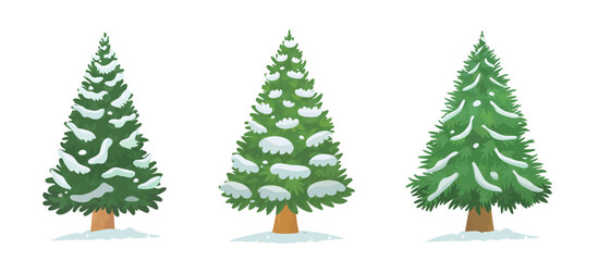 Fototapeta premium Cartoon Christmas tree with snow. Vector hand drawn Christmas trees character illustration isolated on white background. Merry Christmas and happy New year.