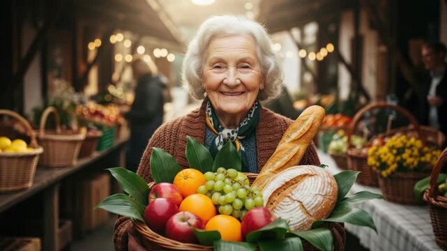 Senior woman holds basket of fruit and bread at market