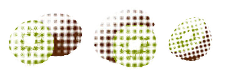 Halftone illustration of kiwi in different angles, set of kiwi, in pop art style. vitamin C,K,E,B. Retro dotted texture effect, green brown colors, isolated on white background, stylized fruit design. © Victoriya