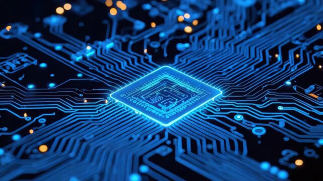 Glowing blue microchip circuit board trace and motherboard semiconductor processor with light