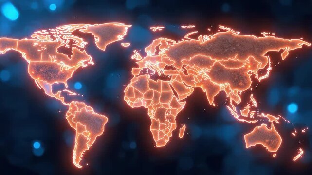Glowing neon world map with illuminated population and network hotspots, glowing map of world with