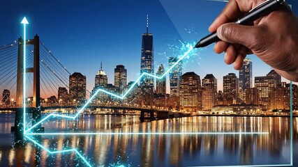 economy infrastructure balance concept. Conceptual image of growth over a city skyline with a graph overlay.