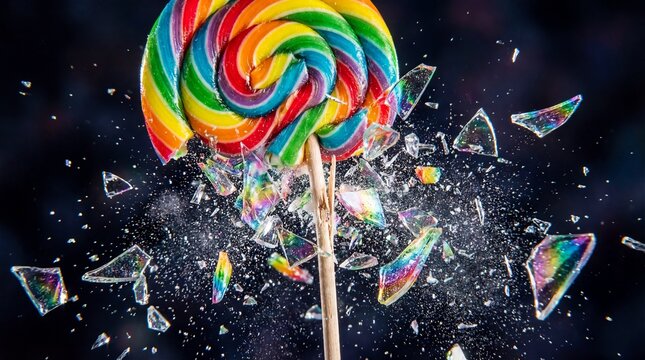 A high-speed capture freezes a dynamic explosion of colors as a lollipop shatters.