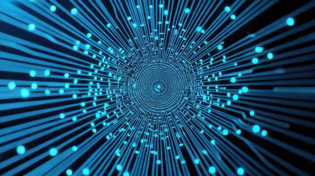 Blue digital tunnel with glowing data lines and dots radiating network lines and glowing nodes