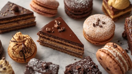 Fototapeta premium Assorted gourmet pastries including chocolate cake, macarons, and cream puffs on marble surface
