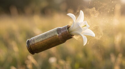 A symbolic representation of peace with a bullet casing holding a delicate flower amidst a field, the image challenges the conventional notions of violence and conflict, celebrating harmony.