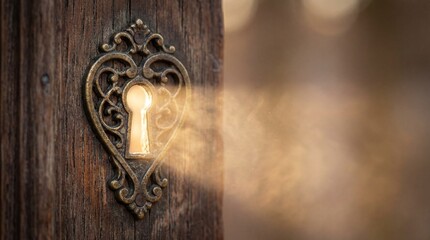 Illuminating the secrets behind a golden keyhole set within an ancient wooden door, casting a warm glow upon the surrounding space.