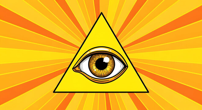 Golden Eye of Providence inside Sacred Geometry Triangle with Radiant Sunburst Rays and Mystical Symbolism, Hand Drawn Flat Vector Illustration for Esoteric and Occult Design Projects.