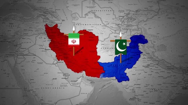 Map animation of geopolitical tension between Iran and Pakistan flags