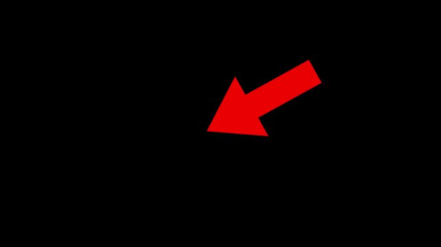 Red diagonal arrow animation pointing down left on transparent background. High quality 4K directional indicator for tutorials, call to action, presentations, navigation, overlays, and motion graphics