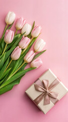 Fototapeta premium pink tulips and gift box 