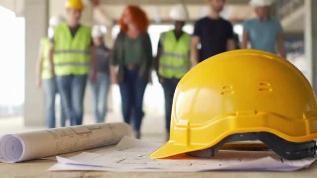 Yellow Hard Hat Safety Helmet on Architectural Blueprints with Blurred Construction Workers Team Walking in Building Site Under Development, Project Teamwork Concept
