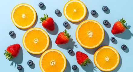 Fresh Orange Slices with Strawberries and Blueberries.