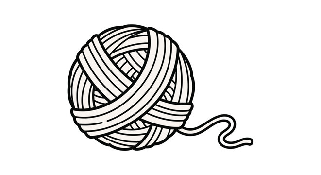 Simple black and white line drawing of a round ball of yarn with a single loose thread end representing knitting and hobby crafts.